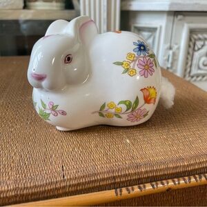 Vintage Prestige bunny rabbit cotton ball holder white floral cottage vanity